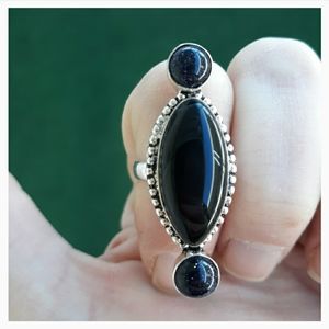 New Black Onyx & Blue Sunstone 925 Silver Ring.